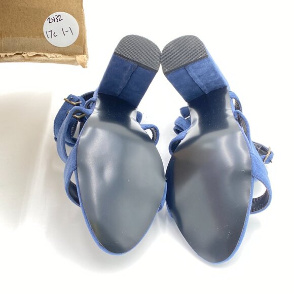 FSJ Blue Chunky High Heel Sandals Velvet Peep Toe Ankle Strap with Buckle Shoes - Picture 6 of 7